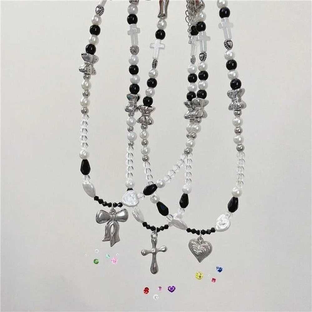 Silver Bow Knot Beaded Faux Pearls Pendant Necklace Boho Chic Artsy‎